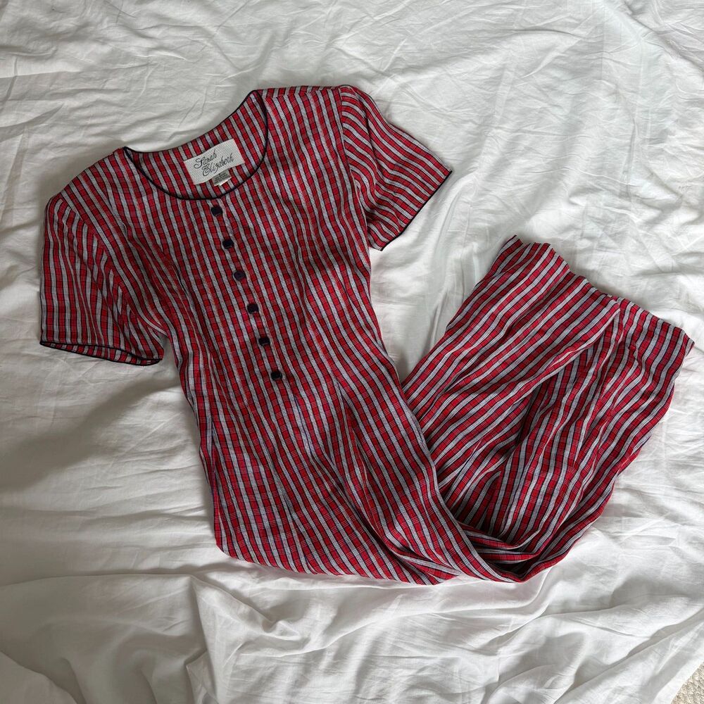 Vtg 90s Sarah Elizabeth Red White Plaid Short Sleeve Button Front Midi Dress - S